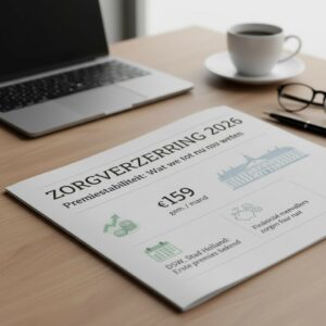 afbeelding over zorgverzekering 2026 met informatie over premie van €159 per maand op een bureau met laptop, bril, pen en koffiekopje.