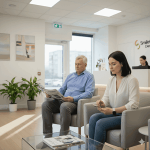 Volwassen man en jonge vrouw in de wachtruimte van de tandartspraktijk wachten op hun afspraak.