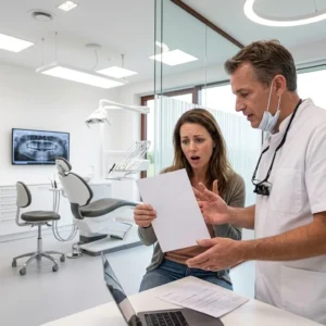 Patiënt kijkt verbaasd naar tandartsrekening terwijl tandarts uitleg geeft