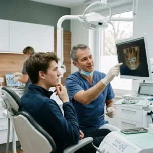 Jonge man bij de tandarts terwijl een tandarts een röntgenbeeld van het gebit uitlegt op een monitor